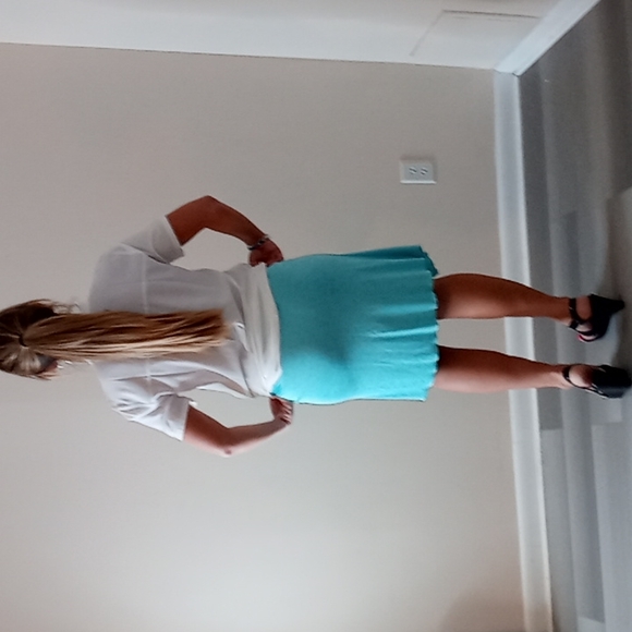 Bundle of NWT White Blouse & Express Turquoise Midi Skirt with Scalloped Hemline - Picture 2 of 16